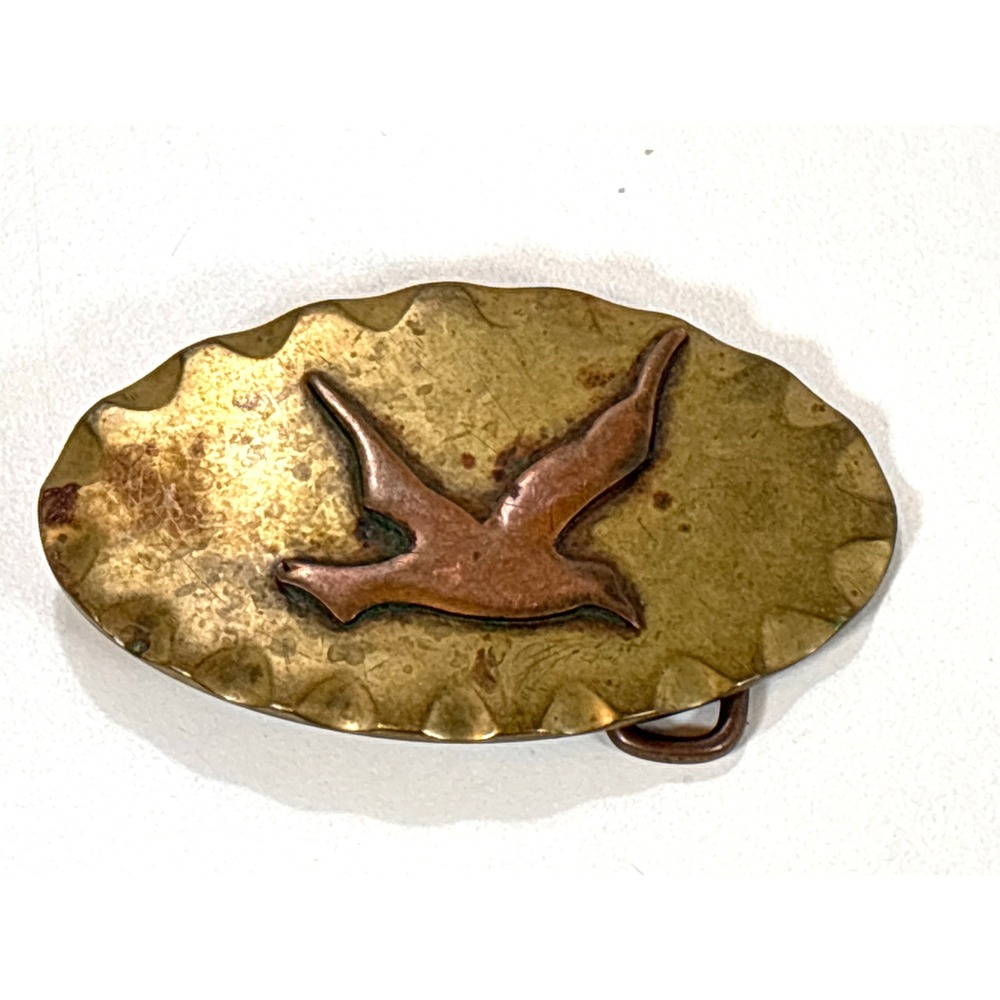 Vintage Brass and Copper Bird Belt Buckle Oval Scalloped Mixed Metal Western
